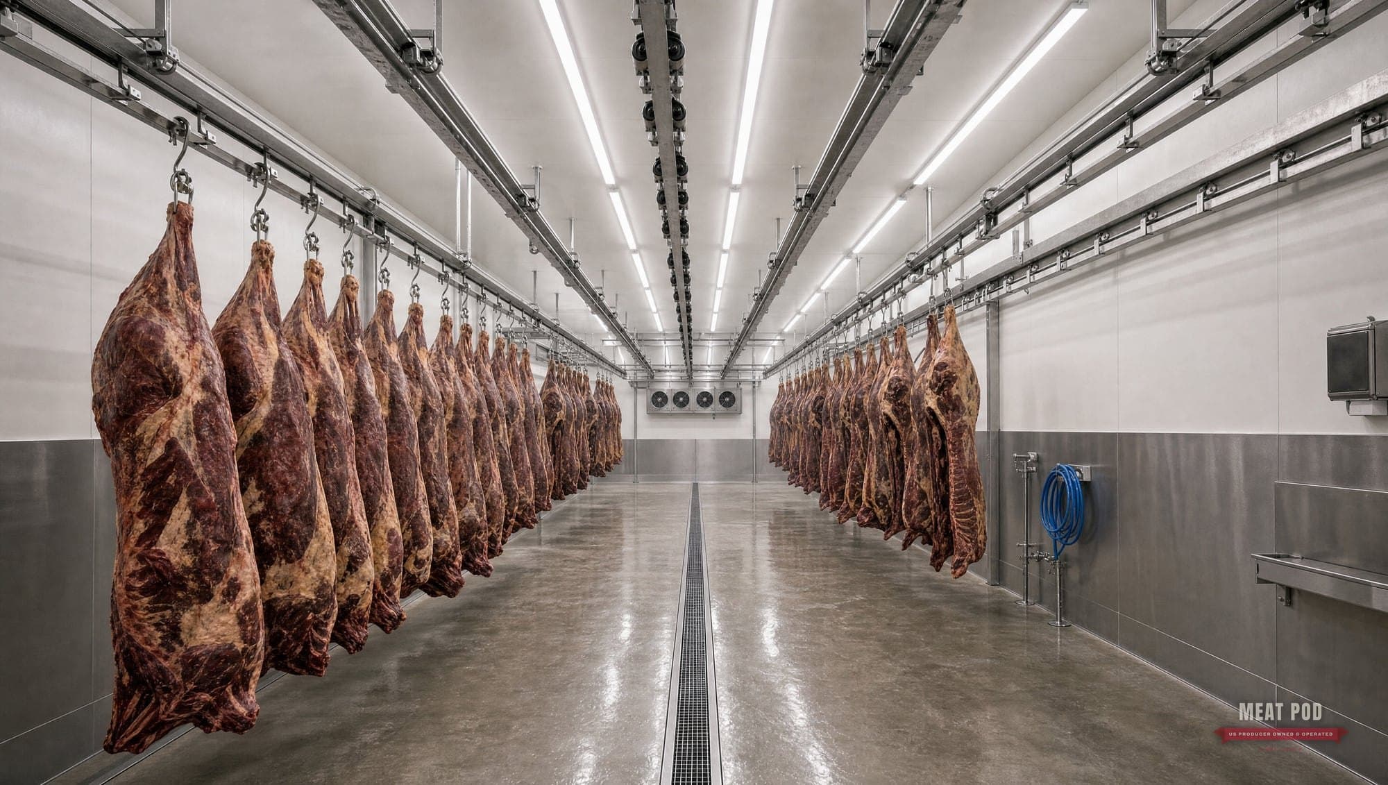Carcass aging cooler with beef halves hanging on overhead rails