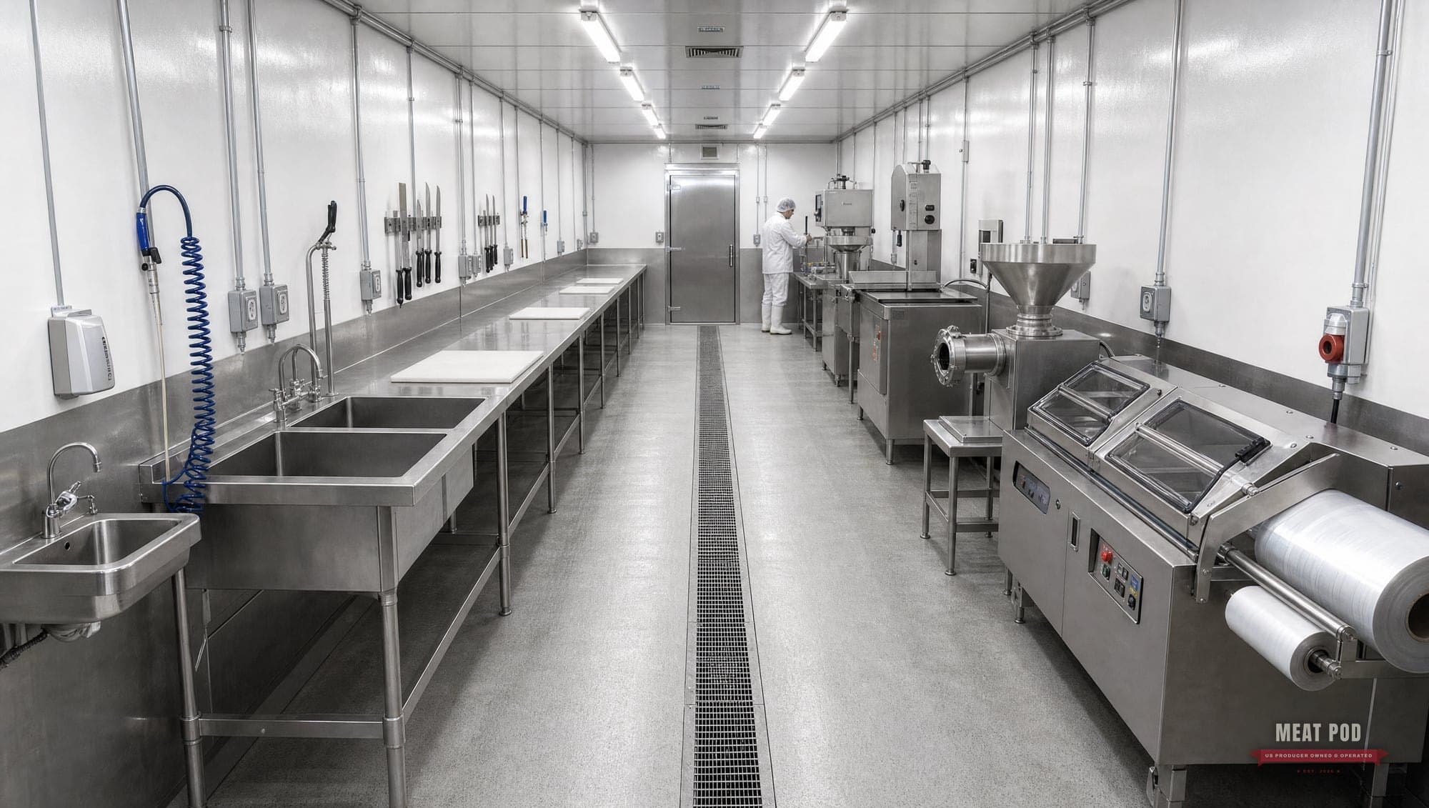 Cut and package module with welded cutting tables, band saw, grinder, stuffer, and vacuum packaging equipment