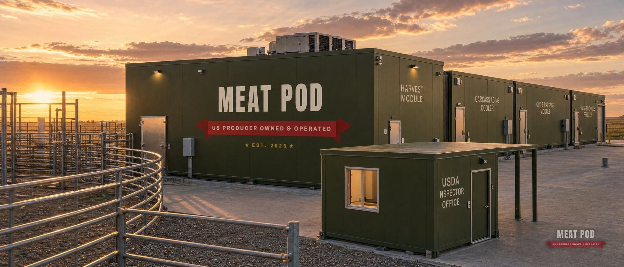 Meat Pod modular processing plant at sunset on a Nebraska ranch, livestock pen in the foreground and the USDA inspector office beside the harvest module