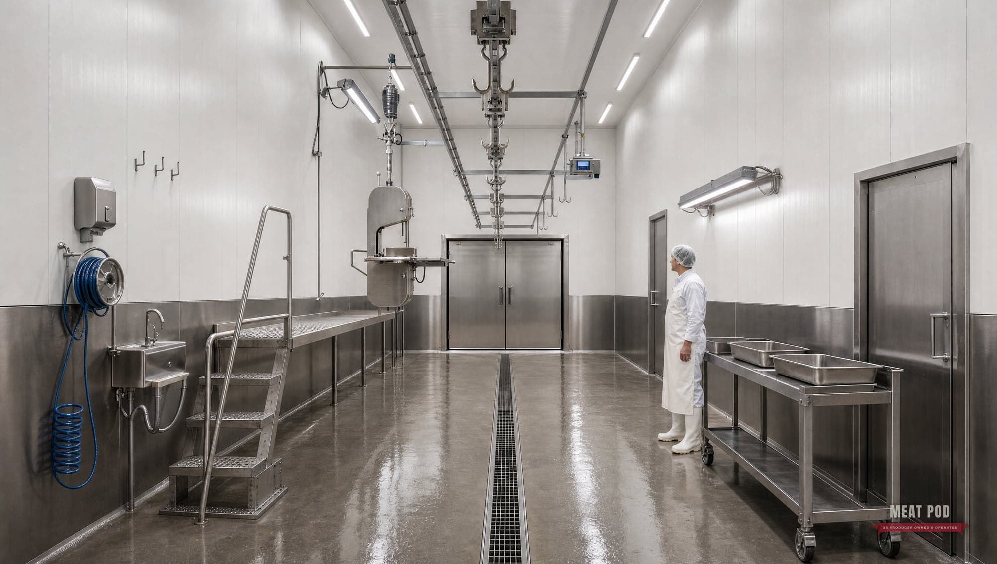 Harvest module processing line with the splitting saw, inspection trays, rail scale, and drawdown cooler door