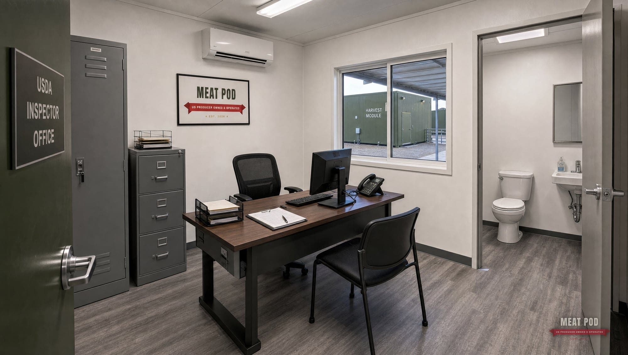 USDA inspector office with desk, locking file cabinet, supply locker, and a window facing the harvest module